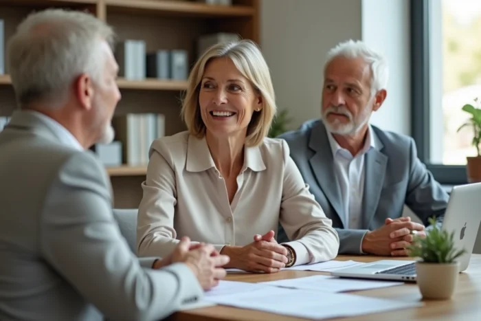 Conseillère expliquant les solutions d'économies et tarifs 2026 d'Âge d'Or Services à un couple de retraités