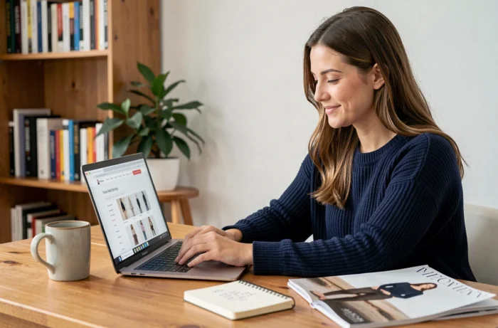 Femme consultant le plan du site d'un blog de mode sur son ordinateur portable depuis son bureau à domicile