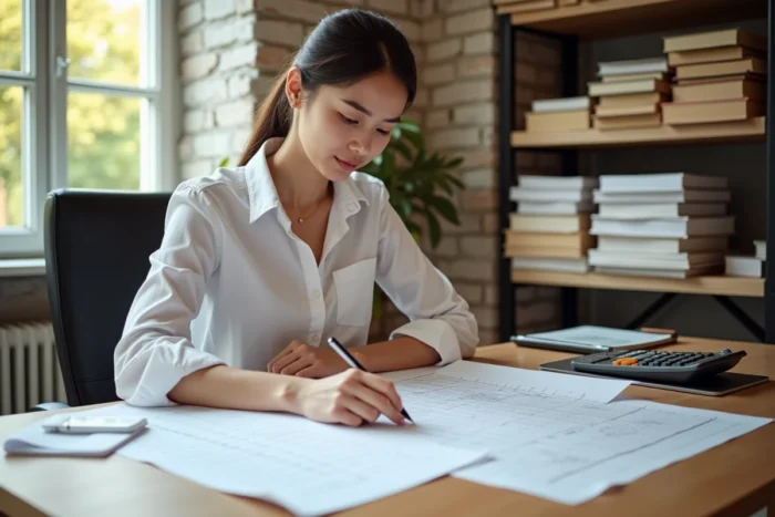 Femme calculant des conversions d'hectares en mètres carrés sur du papier quadrillé à son bureau