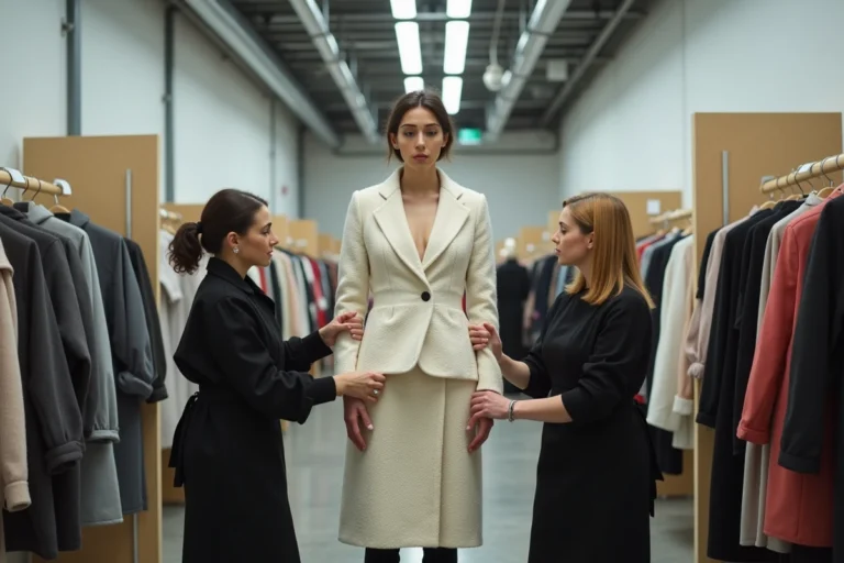 Coulisses d'un défilé Chanel avec des couturières ajustant une veste en tweed ivoire sur un mannequin avant le show
