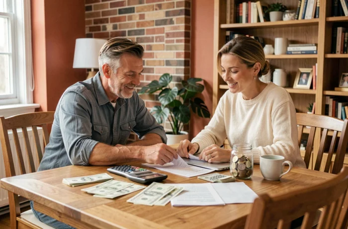 Couple gérant ensemble leur budget familial mensuel avec des factures et une calculatrice sur la table du salon
