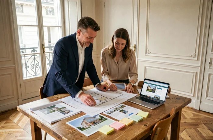 Couple de professionnels examinant des plans immobiliers et des brochures sur une table en bois dans un appartement parisien moderne