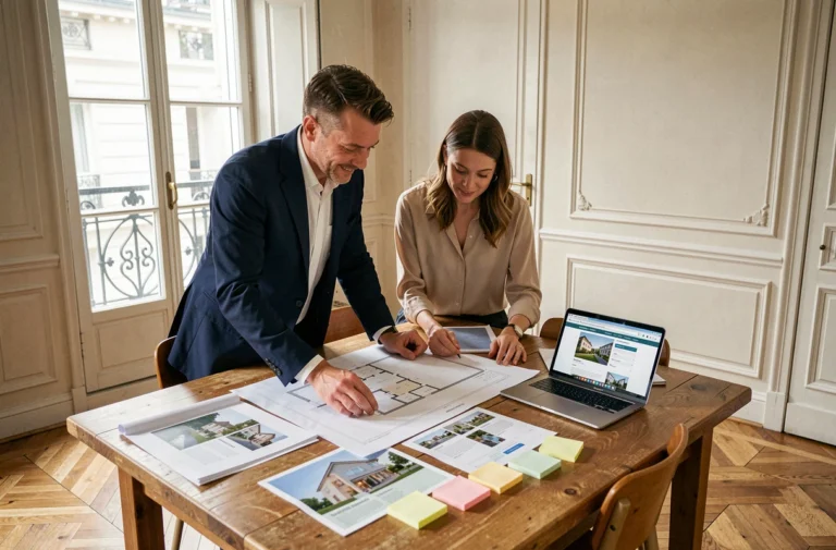 Couple de professionnels examinant des plans immobiliers et des brochures sur une table en bois dans un appartement parisien moderne