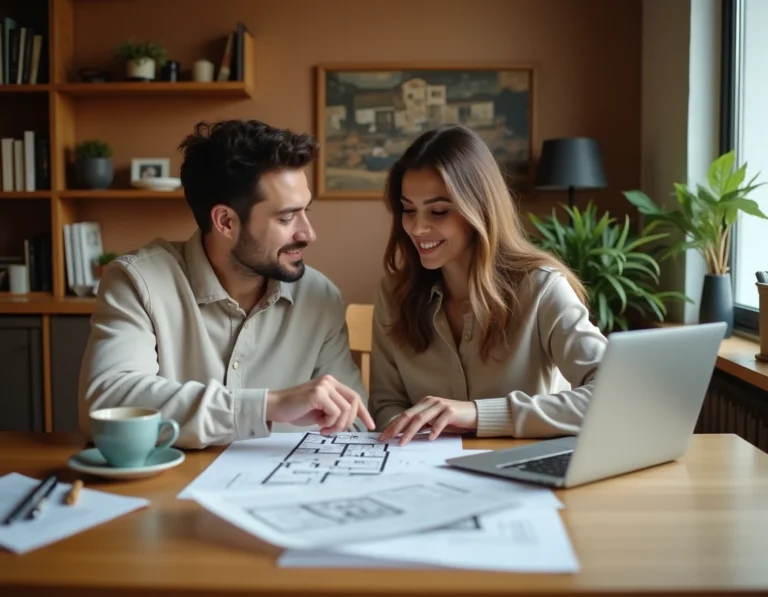 Couple étudiant des plans immobiliers et des annonces en ligne pour préparer leur projet d'achat immobilier