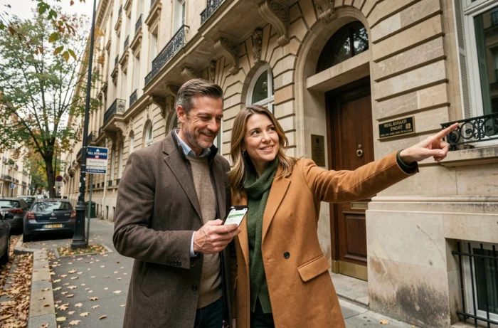 Couple consultant une annonce de location immobilière sur smartphone devant un immeuble résidentiel en ville