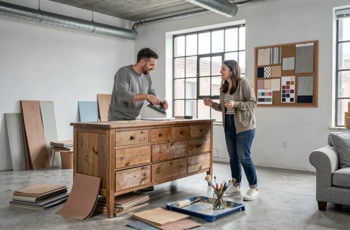 Couple relookant une commode en bois dans un atelier de bricolage à la maison pour un projet de upcycling