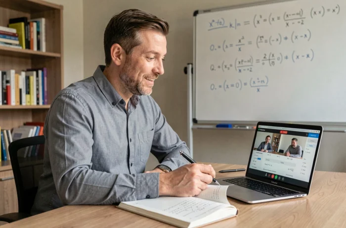 Homme donnant un cours particulier en ligne par visioconférence depuis son bureau avec un manuel scolaire