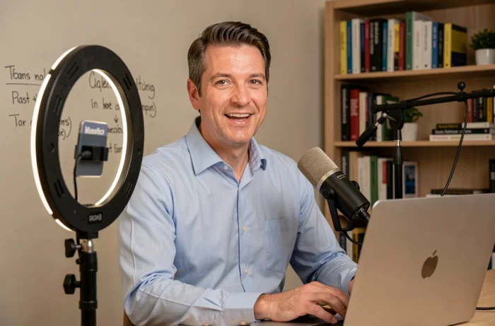 Homme enregistrant une formation en ligne devant sa caméra et son microphone dans un studio maison
