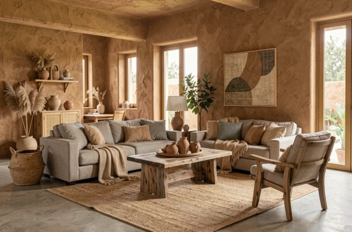 Salon moderne et écoresponsable avec murs en enduit naturel, mobilier en bois récupéré et textiles en fibres naturelles