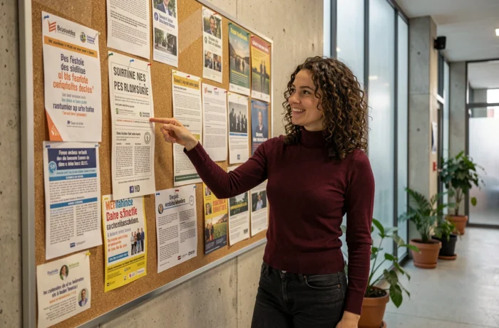 Femme découvrant des annonces d'événements francophones sur un tableau communautaire à Bruxelles