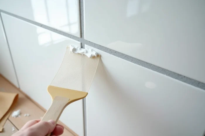 Gros plan sur l'application de toile de verre sur carrelage mural avec une spatule et de la colle