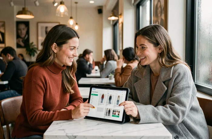 Deux femmes explorant ensemble le plan de navigation d'un site de mode sur une tablette dans un café contemporain