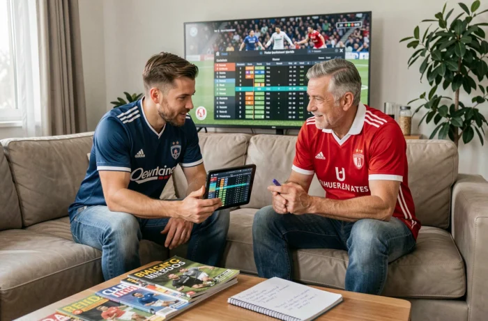 Deux hommes discutant de stratégies de paris sportifs sur un canapé avec une tablette affichant des cotes de football