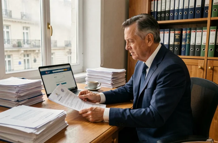 Homme d'affaires consultant des documents officiels de liquidation judiciaire dans un bureau parisien