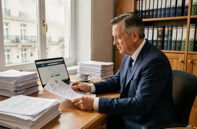 Homme d'affaires consultant des documents officiels de liquidation judiciaire dans un bureau parisien
