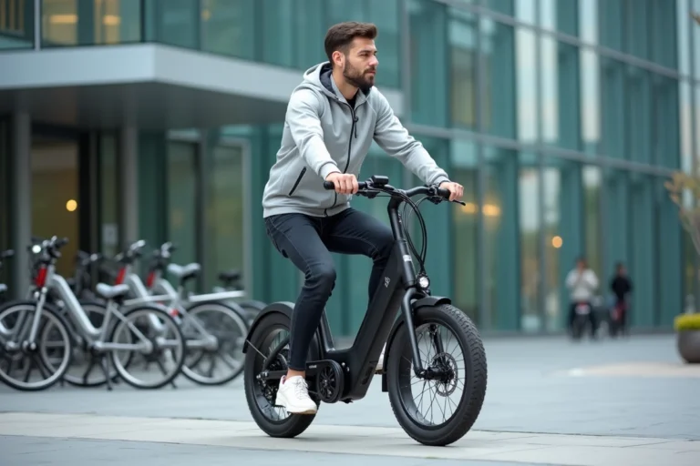 Homme adulte chevauchant une draisienne électrique sur un trottoir urbain moderne, comparatif des meilleures draisiennes électriques du marché