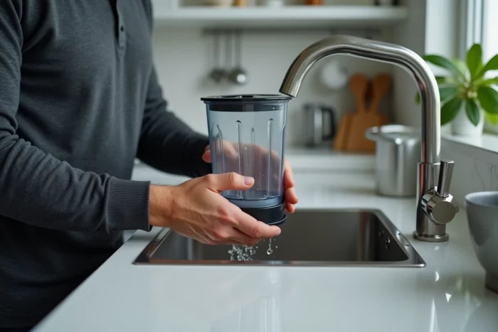 Homme utilisant de l'eau tiède pour décoller un bol de blender coincé au-dessus d'un évier