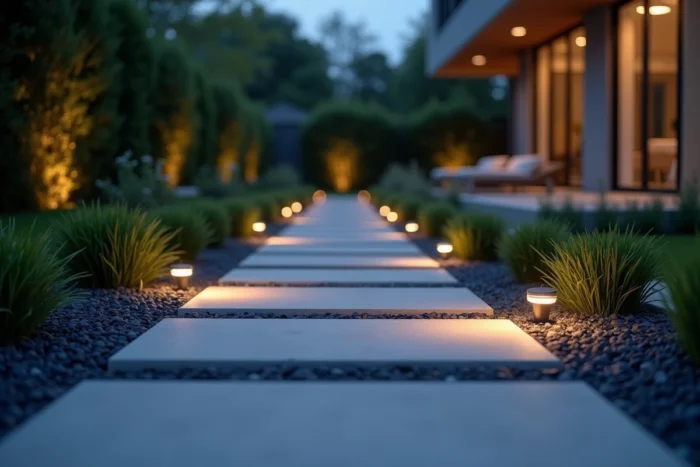 Éclairage encastré basse tension en bordure d'allée dans un jardin contemporain au crépuscule
