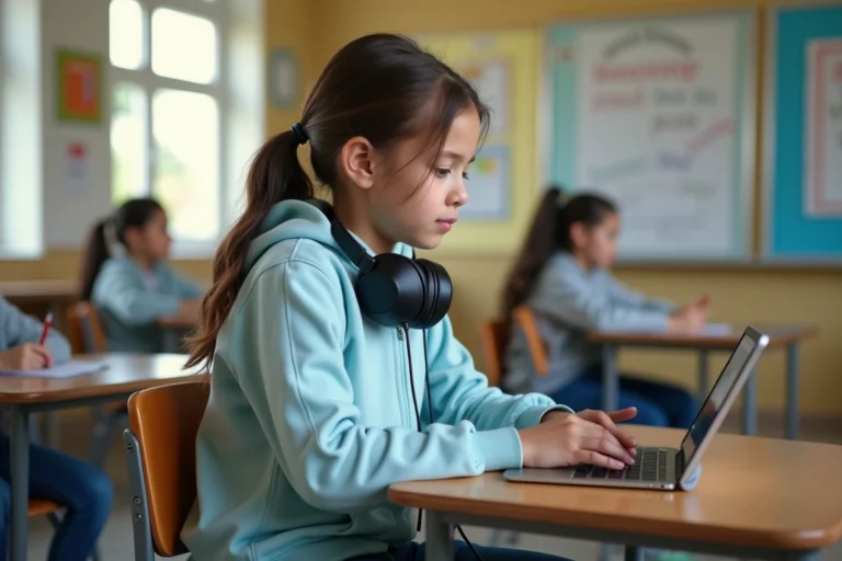 Adolescente dyslexique utilisant une tablette avec un logiciel d'aide à la lecture dans une salle de classe inclusive moderne