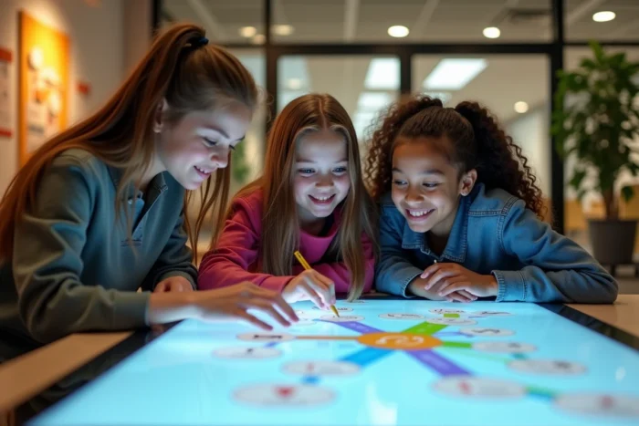 Groupe d'élèves dyspraxiques et dyslexiques collaborant sur une table tactile avec application éducative inclusive dans un espace scolaire numérique