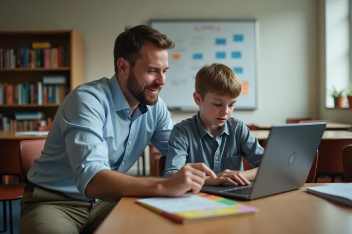 Enseignant accompagnant un élève dys devant un ordinateur portable avec interface numérique adaptée dans une salle de ressources scolaire