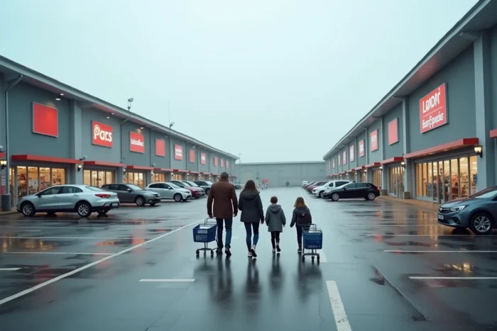Entrée d'un parc commercial à Auray avec famille et grandes enseignes