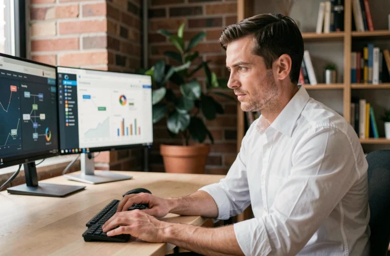 Entrepreneur masculin concentré travaillant sur des tableaux de bord d'automatisation web dans un bureau moderne à domicile