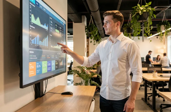 Entrepreneur présentant des indicateurs de services digitaux sur mesure pour accélérer la croissance de son entreprise