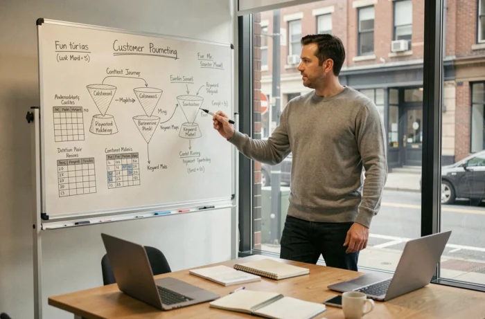 Entrepreneur présentant une stratégie de marketing digital sur un tableau blanc dans une salle de réunion de startup