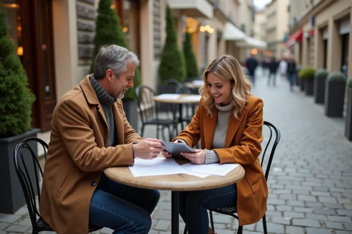 Deux entrepreneurs discutant de leur stratégie de business en ligne autour d'une table en terrasse de café