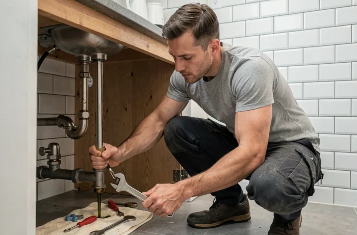 Homme réparant une fuite sous l'évier de cuisine avec une clé à molette dans un intérieur moderne