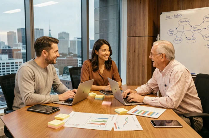 Équipe de professionnels collaborant autour de stratégies de services digitaux pour stimuler la croissance d'entreprise
