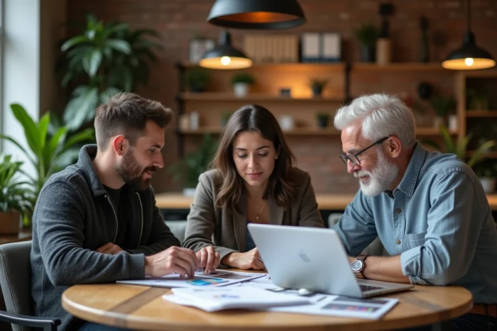 Équipe multiculturelle de professionnels collaborant sur des stratégies de croissance dans un espace de coworking européen