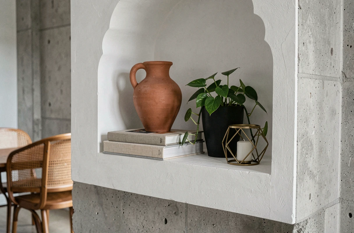 Étagère décorative stylisée avec vases en terracotta, livres empilés et plante verte dans une niche en plâtre blanc