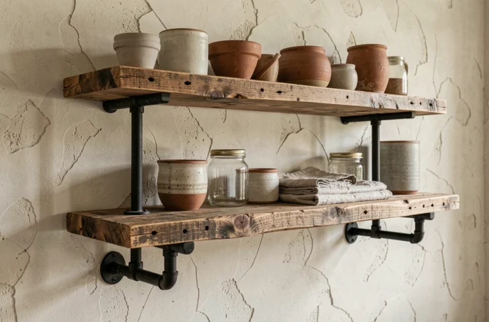 Étagère murale en bois de réemploi avec fixations apparentes en métal, décorée de céramiques et bocaux en verre