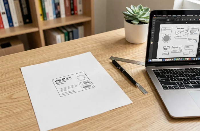 Étiquette de boîte aux lettres imprimée posée sur un bureau avec un ordinateur portable affichant un modèle de design