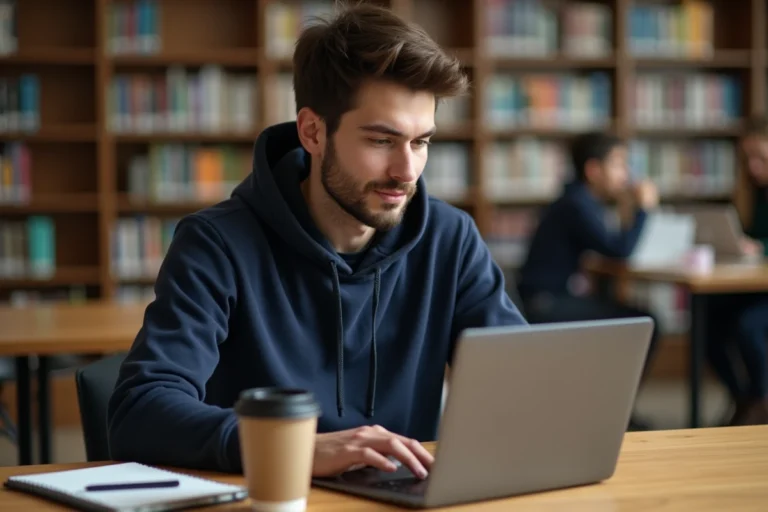Étudiant masculin consultant l'ENT CESI sur son ordinateur portable dans une bibliothèque universitaire moderne