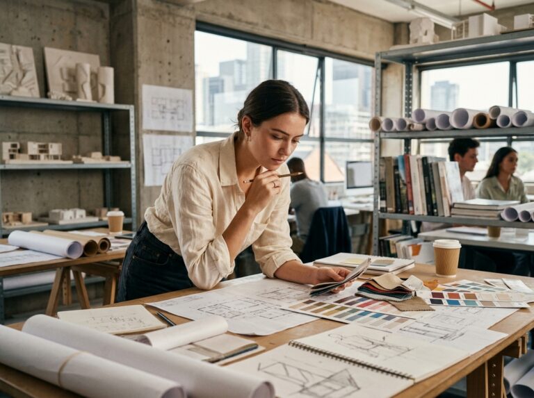 Étudiante en école d'architecture d'intérieur penchée sur une table de travail couverte de croquis et d'échantillons de matériaux dans un atelier créatif