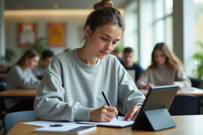 Étudiante organisant son emploi du temps grâce à l'ENT CESI sur une tablette dans un espace commun du campus