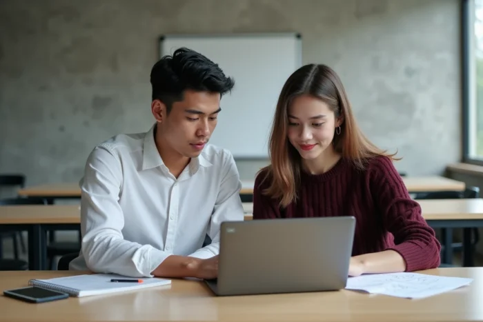 Deux étudiants du CESI travaillant ensemble sur l'ENT pour optimiser leur organisation des cours