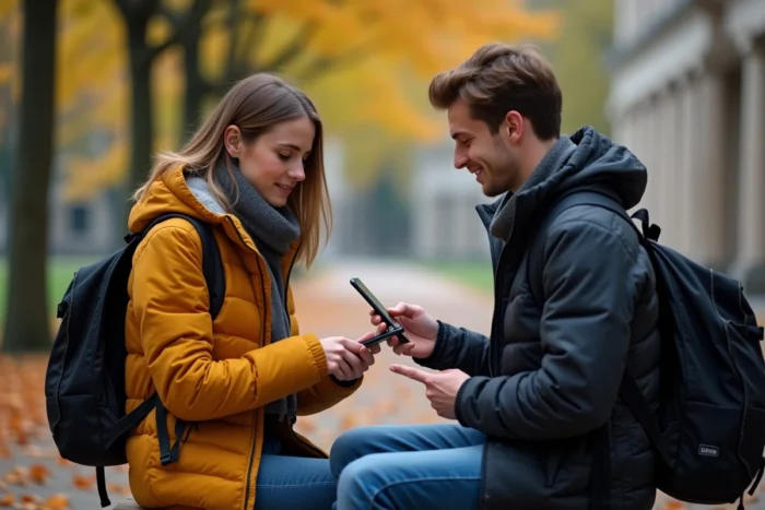 Deux étudiants configurant ensemble un mail académique Strasbourg sur smartphone en extérieur sur le campus