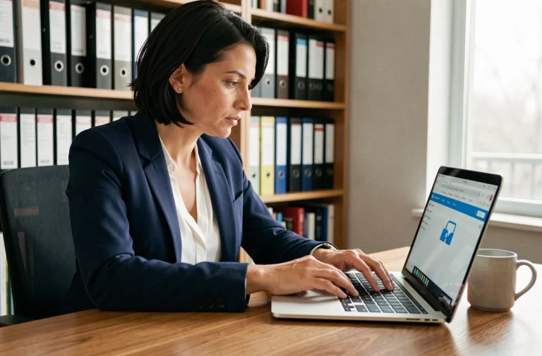 Femme évaluant la réputation d'un site web sur son ordinateur portable dans un bureau à domicile moderne