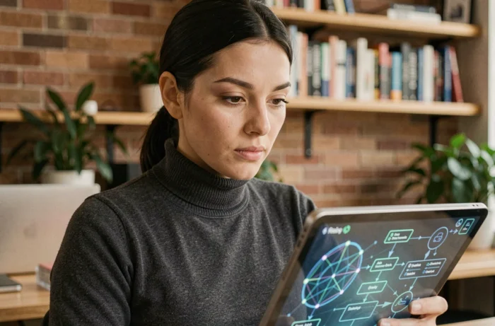 Femme experte en intelligence artificielle et blockchain analysant des données sur une tablette dans un espace de coworking