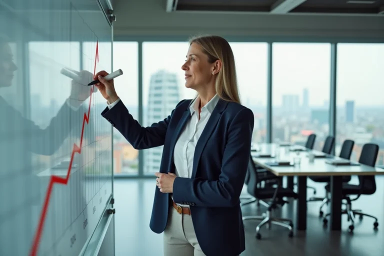 Femme d'affaires présentant des graphiques de croissance sur un tableau en verre dans un bureau européen moderne