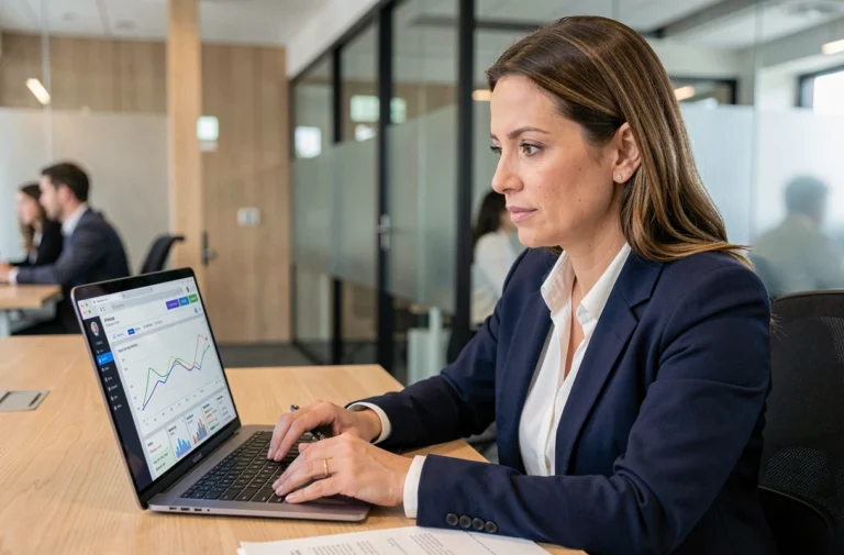 Femme professionnelle analysant des données de réputation en ligne sur un ordinateur portable dans un bureau moderne