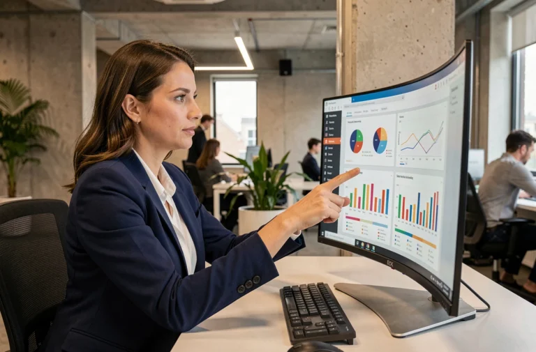 Femme professionnelle analysant des données de stratégie marketing digital sur un écran dans un bureau moderne