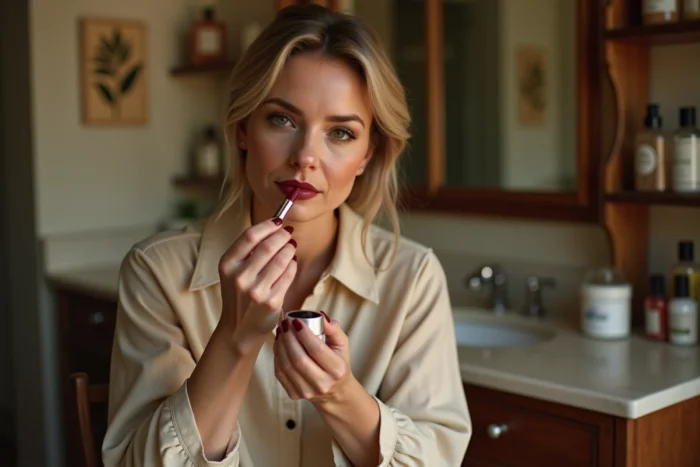 Femme appliquant un rouge à lèvres rouge profond devant un miroir vintage, illustration beauté naturelle et cosmétiques