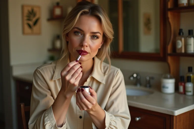 Femme appliquant un rouge à lèvres rouge profond devant un miroir vintage, illustration beauté naturelle et cosmétiques