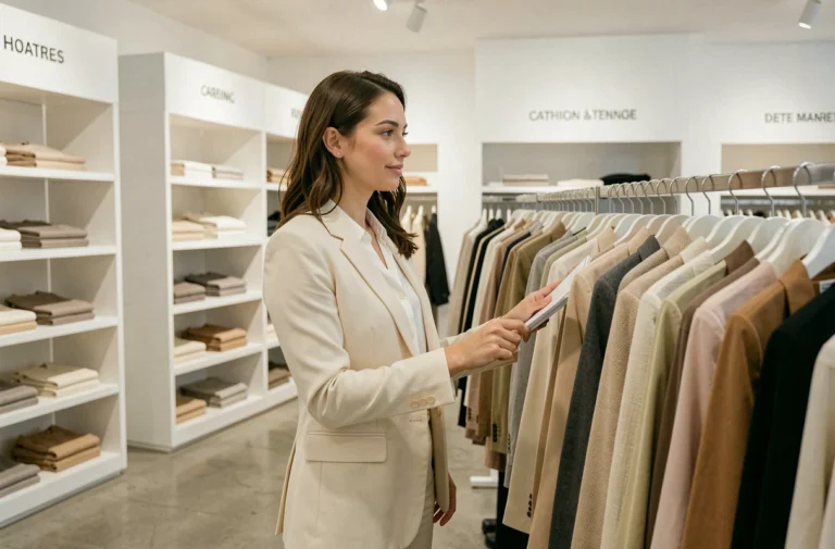 Femme élégante parcourant les rayons d'une boutique de mode bien organisée, illustrant la navigation facile dans un site mode