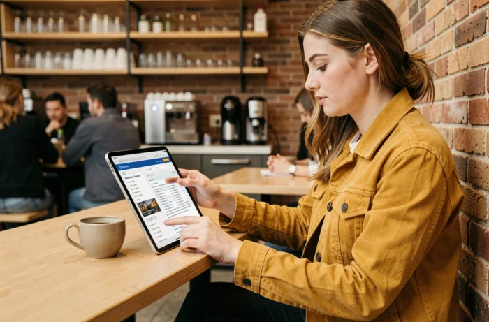 Jeune femme dans un café naviguant sur le plan du site d'un portail d'actualités via une tablette